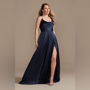 Navy Blue Satin Dress with Lace-up Back